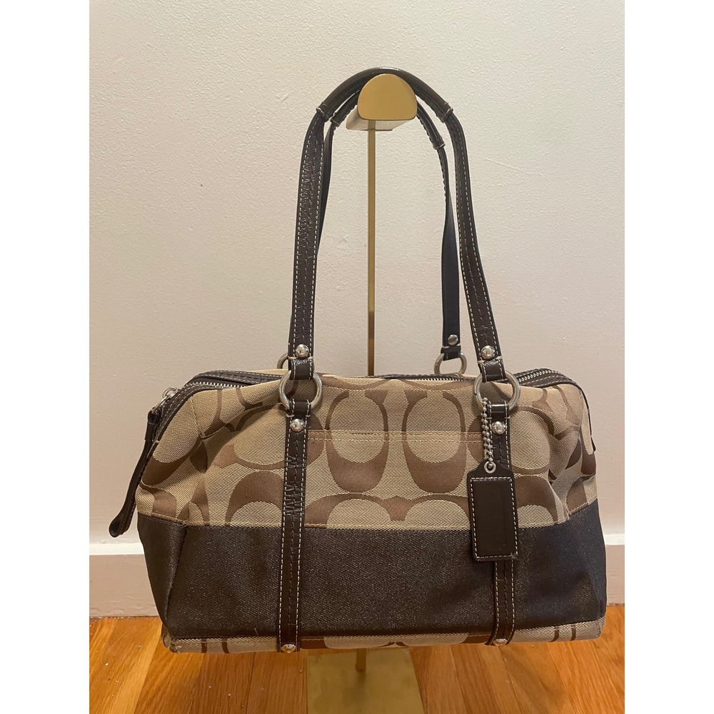 Coach Signature Canvas Satchel Brown Tan Leather Trim F13551 Handbag